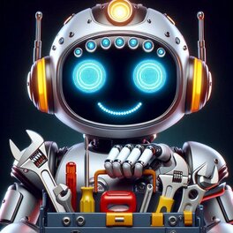 Smiling robot holding tools in tool box.